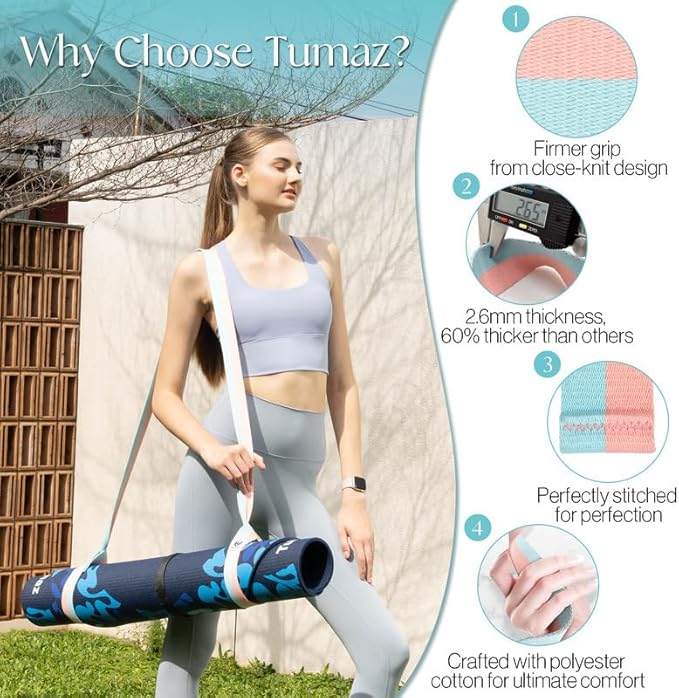 Tumaz Yoga Mat Strap [MAT NOT Included] (2 Sizes) with Extra Thick & Comfy Delicate Texture, Adjustable Yoga Mat Carrier-FlexoryFit