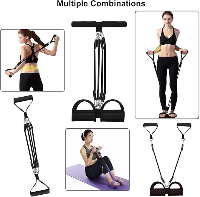 Pedal Resistance Band, 4-Tube Elastic Pull Rope, Sit-up Equipment, Yoga Strap Bodybuilding Expander, Exercise Bands, Fitness Equipment for Abdomen, Waist, Arm, Leg Stretching Slimming Training-FlexoryFit