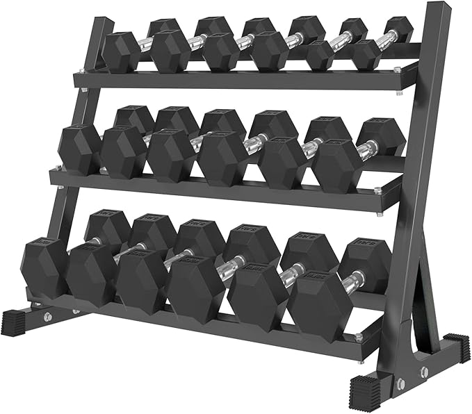 6-10 Pair Iron and Rubber Dumbbell Set 350/450 and 550 lbs 5-50 lbs Hand Free Weight for Strength Hex Coated Weights with Vertical Storage Rack Home Gym 5-50 lb - Black-FlexoryFit