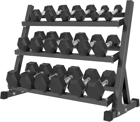 6-10 Pair Iron and Rubber Dumbbell Set 350/450 and 550 lbs 5-50 lbs Hand Free Weight for Strength Hex Coated Weights with Vertical Storage Rack Home Gym 5-50 lb - Black-FlexoryFit
