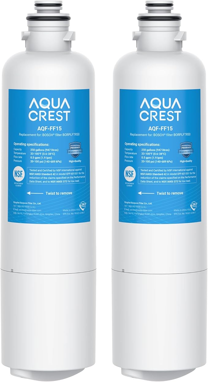 AQUA CREST 11032531 Replacement for Bosch® UltraClarity® Pro BORPLFTR50, 12033030 Refrigerator Water Filter, Compatible with 11025825, BORPLFTR55, B36CD50, B22CS50, B36FD50SNS, B36CT80SNS, 2 Pack