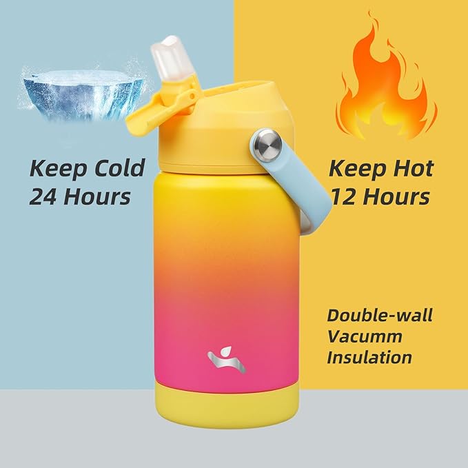 Insulated Water Bottle with Straw Lid,12 oz Stainless Steel Vacuum Metal Bottle with Silicone Handle,Rainbow-FlexoryFit