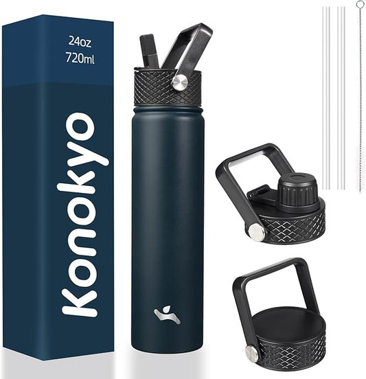 Insulated Water Bottle 24oz Stainless Steel Sport Bottles with 3 Lids,Navy Blue-FlexoryFit