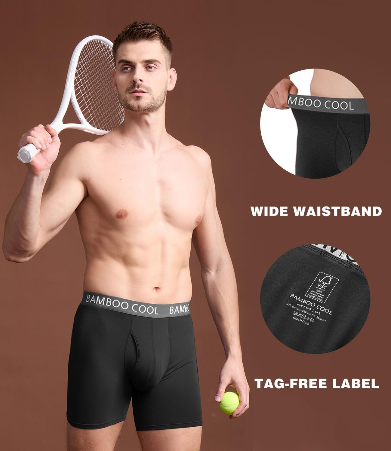 BAMBOO COOL Men's Ultra ComfortSoft Underwear, Moisture Wicking & Breathable No Ride Up Boxer Briefs with Fly, Multipack