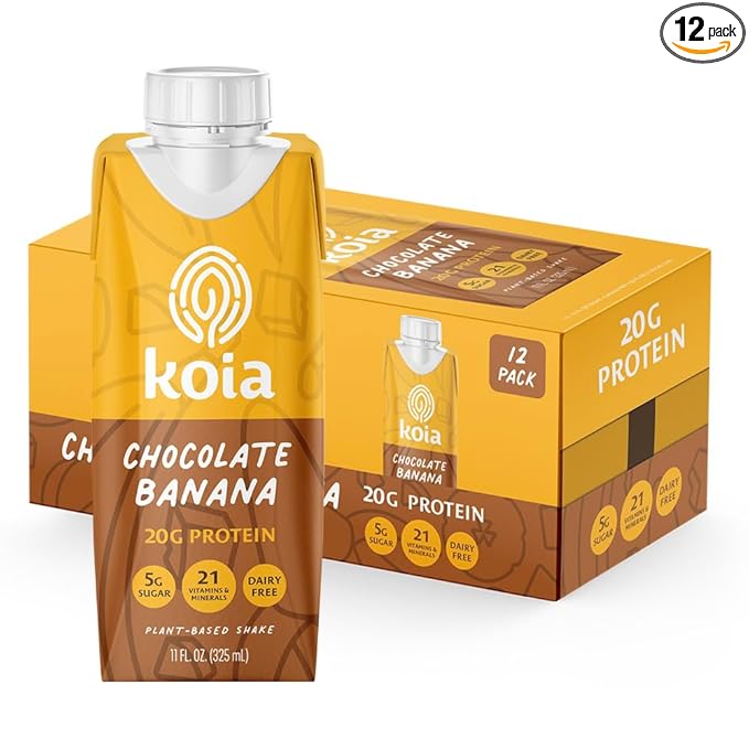 Koia Plant Based Protein Shake, Chocolate Banana, 20g Protein, 5g Sugar, 6g Prebiotic Fiber, 21 Vitamins & Minerals, Meal Replacement Drinks, Dairy-Free, Gluten-Free, Non-GMO, 11 Fl Oz (Pack of 12)-FlexoryFit