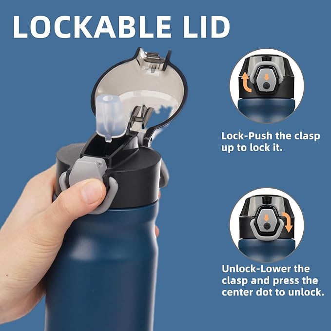 Insulated Water Bottle with Straw and Carry Loop,18 oz Stainless Steel Double Wall Vaccum Metal Water Flask with Leak-proof Lid,Navy blue-FlexoryFit