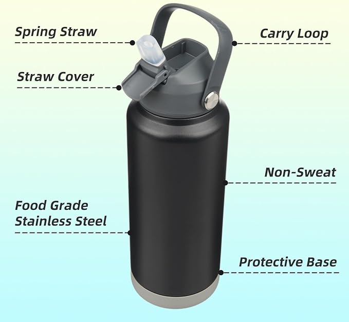 Insulated Water Bottle with Straw Lid,32 oz Stainless Steel Vacuum Metal Bottle with Silicone Handle,Black-FlexoryFit