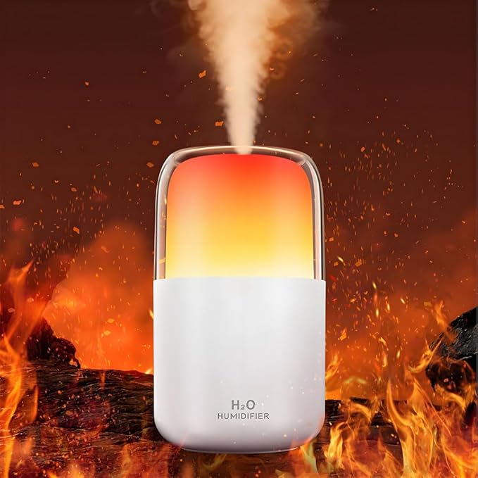 LED home spraying humidifier with high simulation flame atmosphere light，2.3W and 280ml water tank,dynamic state and static state flame (white housing)