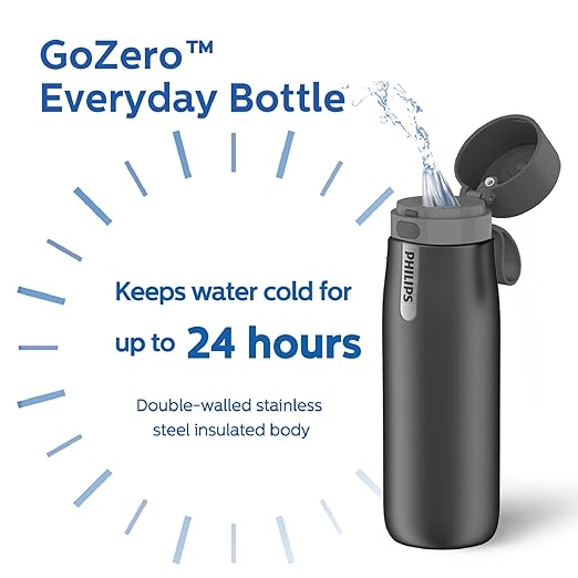 PHILIPS Water Bottle with Filter, Filter Water Bottle Stainless Steel with GoZero Everyday BPA-Free Tap Water Filter, Water Filter Bottle Keep Drink Cold 24 Hours, 3 Filters for 120 gal / 6 Months