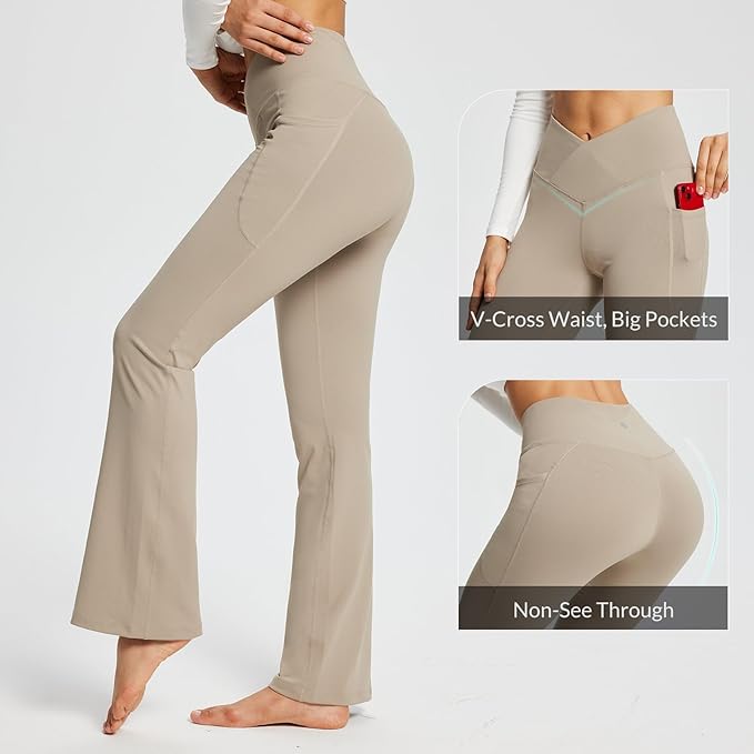 baleaf Women's V Crossover Flare Leggings with Pockets Yoga Pants High Waist Casual Workout Gym Bell Bottom Leggings-FlexoryFit