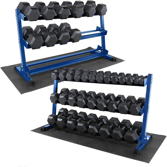WF Athletic Supply Rubber Coated Hex Dumbbell Set, Multiple Choices Available - Dumbbells with Rack Stand and Mat, or Dumbbells Only (200/550/1200/2100/3000 LB)-FlexoryFit