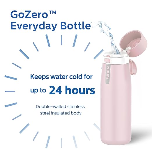 PHILIPS Water Bottle with Filter, Filter Water Bottle Stainless Steel with GoZero Everyday BPA-Free Tap Water Filter, Water Filter Bottle Keep Drink Cold 24 Hours, 3 Filters for 120 gal / 6 Months