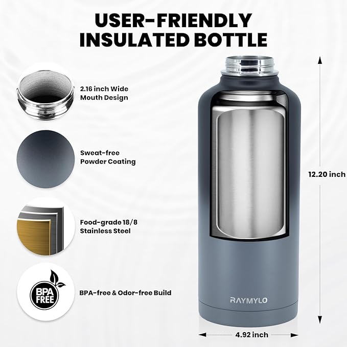 Insulated Water Bottle 87 oz, Triple Wall Vacuum Stainless Steel (Cold for 48 Hrs), Leak Proof & Non-BPA, Modern Water Flask Jug with Paracord Handle & Straw Spout Lids, Dark Grey-FlexoryFit