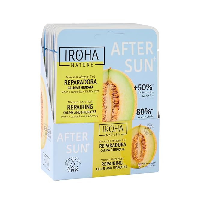 IROHA NATURE AFTERSUN Face Mask – Soothing & Hydrating Care After Sun Exposure | 15 Pack | With Melon, Chamomile & Aloe Vera-FlexoryFit