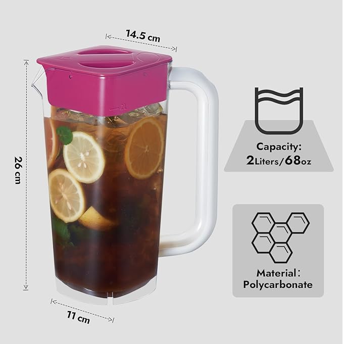 CURTA 2 Pack 2 Liters/68 oz Plastic Square Pitcher with Lid & Handle for Kitchen,ICED JUICE and Coffee Carafe Beverage Serveware, Acrylic Water Jug for Hot/Cold Drinks&lemonade
