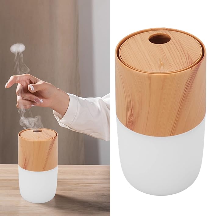 Portable Mist Humidifier, 300ml Capacity Personal Air Humidifier with Timing Function, Jellyfish Shaped Spray Mist, Mobile Using Office Humidifier with Colorful Night Light for(Light Wood Color)
