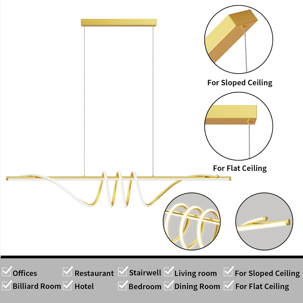 Modern LED Pendant Lights, Ceiling Chandelier Dimmable with Remote Control 3000k-6000K Adjustable Color Temperature, Aluminum Island Lighting Lamp Fixture for Kitchen, Dining Room(57in Gold)