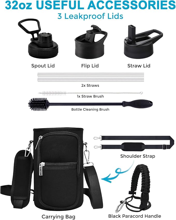 Travel Water Bottle with 3 Lids (Spout, Straw, Flip) Leak Proof, Quality, Vacuum Insulated, Stainless Steel (Day & Night, 32 oz)