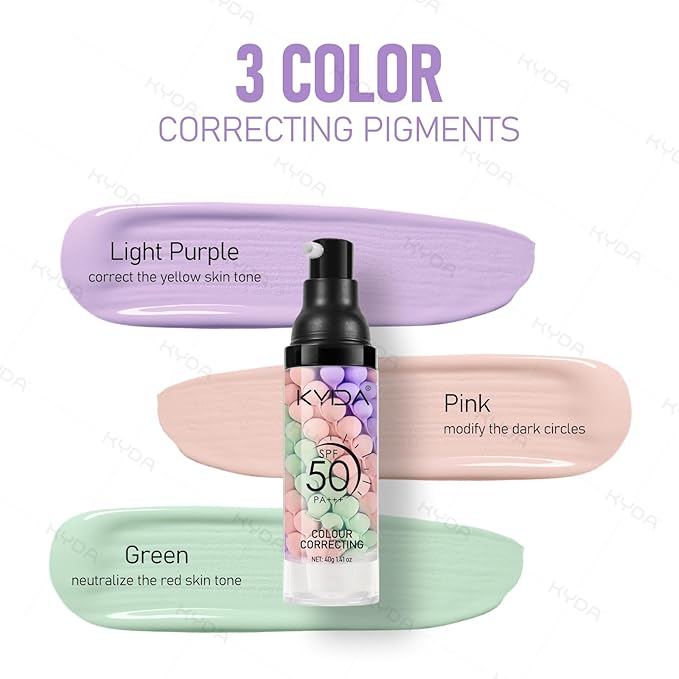 KYDA 2PCS Color Correcting Primer,SPF Makeup 50 PA+++,Color Correcting Serum, Moisturizing Makeup Primer, One Step Brightening Primer to Even Skin Tone, Oil Control Skin Corrector,Purple Pink Green-FlexoryFit