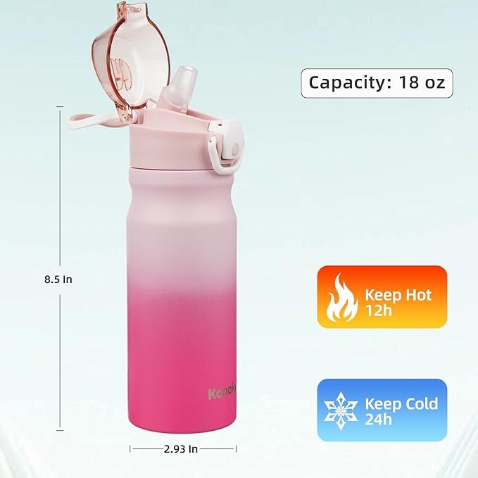 Insulated Water Bottle with Straw and Carry Loop,18 oz Stainless Steel Double Wall Vaccum Metal Water Flask with Leak-proof Lid,Cherry-FlexoryFit