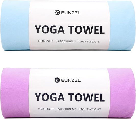 Eunzel 2 Pack Hot Yoga Towel Non Slip Yoga Mat Towel Non-Slip Sweat Absorbent Microfiber Towel for Hot Yoga, Pilates and Workout 72" x 26.5", Blue/Purple-FlexoryFit