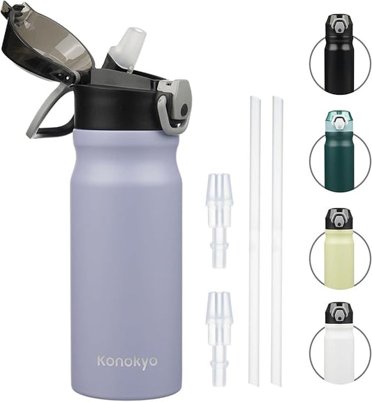 Insulated Water Bottle with Straw and Carry Loop,18 oz Stainless Steel Double Wall Vaccum Metal Water Flask with Leak-proof Lid,Light Purple-FlexoryFit