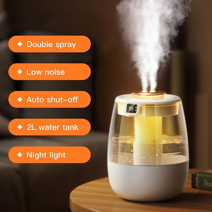 Double Spray Air Humidifier for Bedroom, 2L Quiet Cool Mist Humidifier for Plants Dorm Room Office Home Car Personal Humidificador with Digital Display 3 Mist Modes & Night Light
