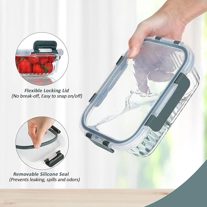 10 Packs Glass Meal Prep Containers with Lids, Glass Food Storage Containers Set, Airtight Lunch Containers, Microwave, Oven, Freezer and Dishwasher Safe, Gray-FlexoryFit