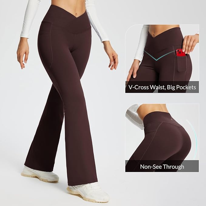 baleaf Women's V Crossover Flare Leggings with Pockets Yoga Pants High Waist Casual Workout Gym Bell Bottom Leggings-FlexoryFit