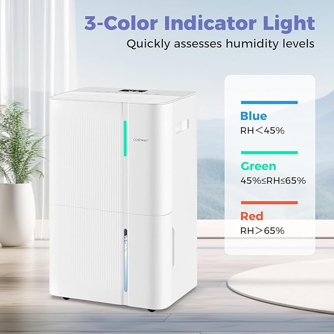 COSTWAY 96 Pints Dehumidifier for Basement, 8000 Sq.Ft Dehumidifier with 24H Timer, 3-Color Indicator, 1.2 Gallon Water Tank, Drain Hose & Wheels for Bathroom, Bedroom
