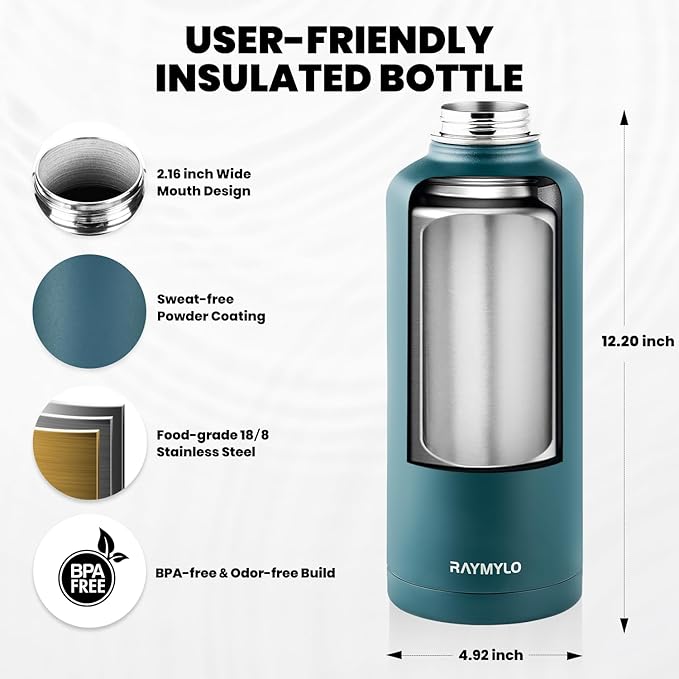 Insulated Water Bottle 87 oz, Triple Wall Vacuum Stainless Steel (Cold for 48 Hrs), Leak Proof & Non-BPA, Modern Water Flask Jug with Paracord Handle & Straw Spout Lids, Dark Green-FlexoryFit