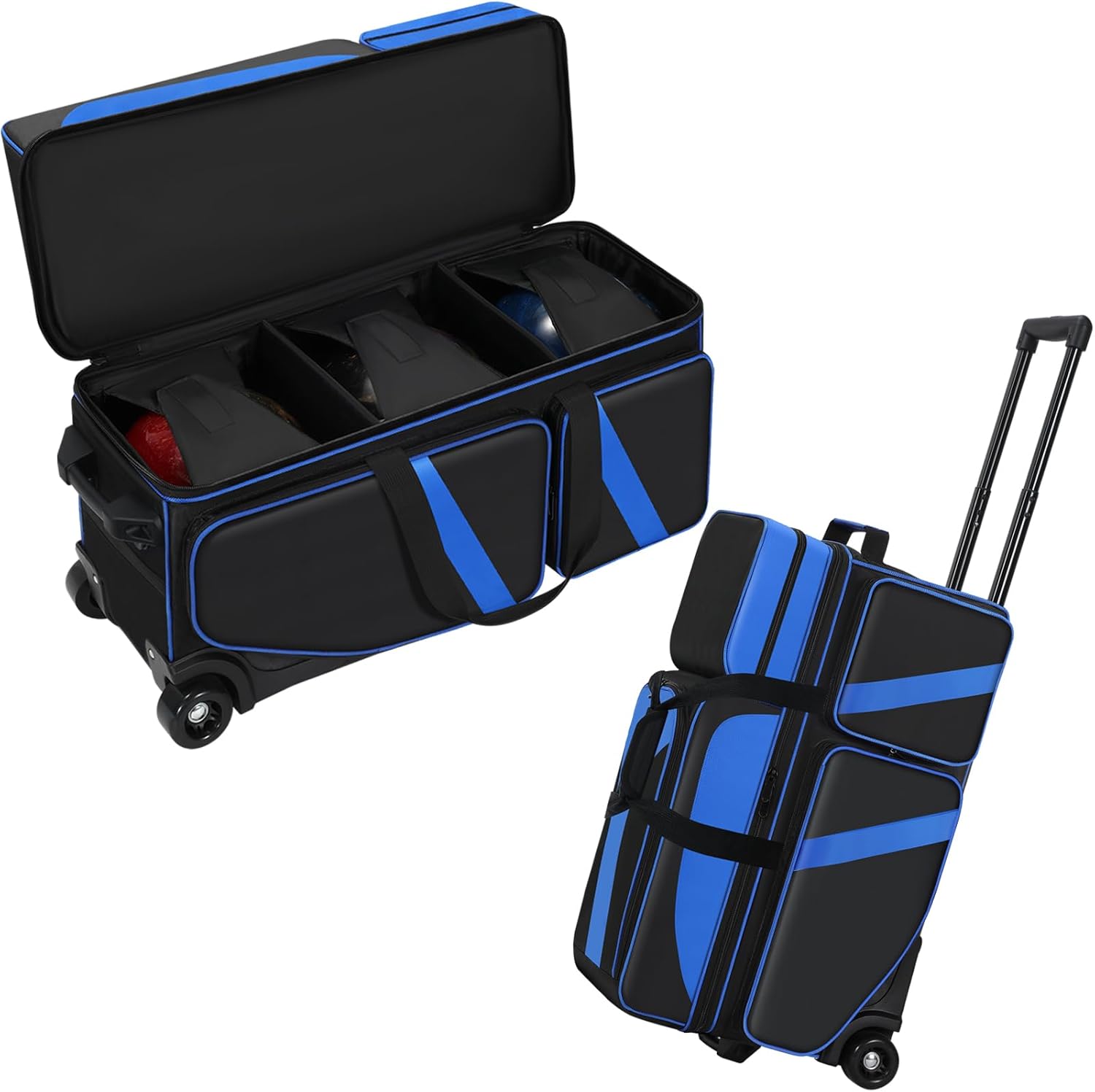 3 Ball Bowling Bag with Wheels, Bowling Bag 3 Ball Roller with Shoe Compartment (Fits Up to Size 16), with Multi-pocket and Retractable Handle Extends to 41.5"