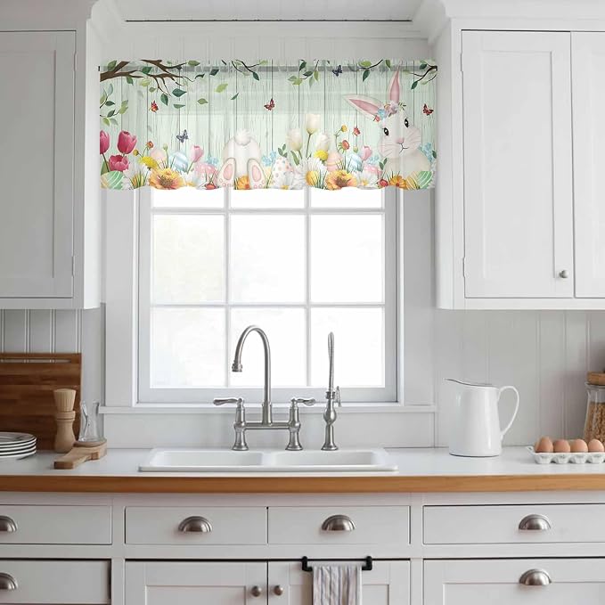 Easter Sheer Valances for Windows 42"x18", Light Filtering Kitchen Curtains - Image 3