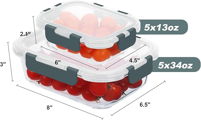 10 Pack Glass Food Storage Containers, Meal Prep Containers with Lids, Airtight Glass Lunch Boxes, Freezer, Oven, and Microwave Safe-FlexoryFit
