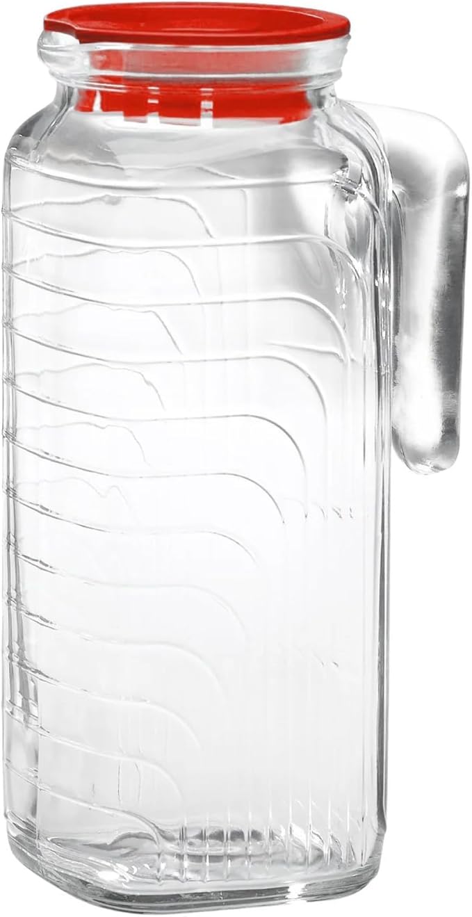Bormioli Rocco Gelo 41 Oz Glass Pitchers with Lid - Set of 2 Carafe for Homemade Juice, Iced Tea, Milk, Cold Brew, Lemonade - Durable & Dishwasher Safe Pitcher, BPA-Free - Made in Italy (Red Lid)