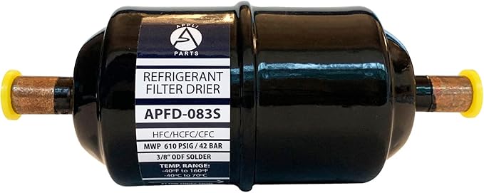 Appli Parts APFD-083S 3/8 in Liquid Line Refrigerant AC Filter Drier hvac Refrigeration 083S ODF Sweat Solder connection universal unidirectional 5-1/2 in long 2 in wide