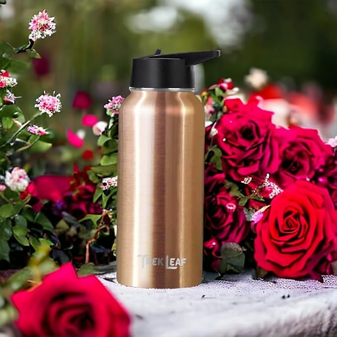 Travel Water Bottle with Carrying Bag, 3 Lids (Spout, Straw, Flip), and Bottle Brush; Leak Proof, Quality, Vacuum Insulated, Stainless Steel (Rose Gold, 32 oz)