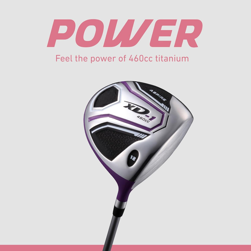 Aspire XD1 Womens Golf Clubs Full Set, Includes Driver, Fairway, Hybrid, 6-PW Irons, Putter, Stand Bag, 3 H/C's, Ultra-Light Graphite Shafts, Golf Clubs Women Right Handed, Comes in 3 Sizes, Purple