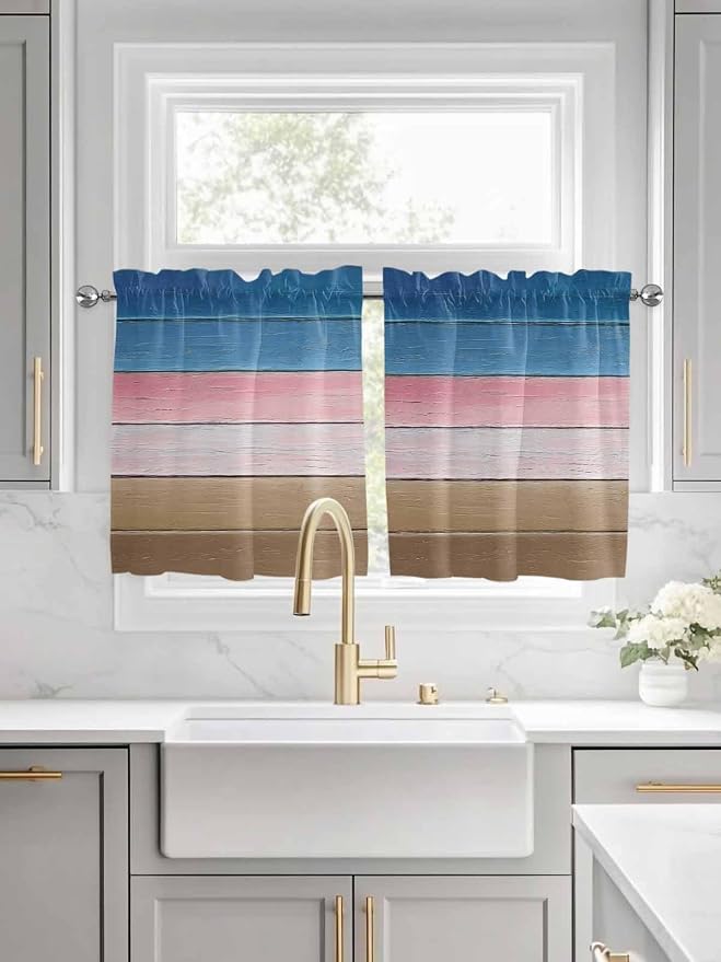 Blue Pink Brown Gradient Wood Grain Window Valance Curtains, Vintage Wood Board - Image 2