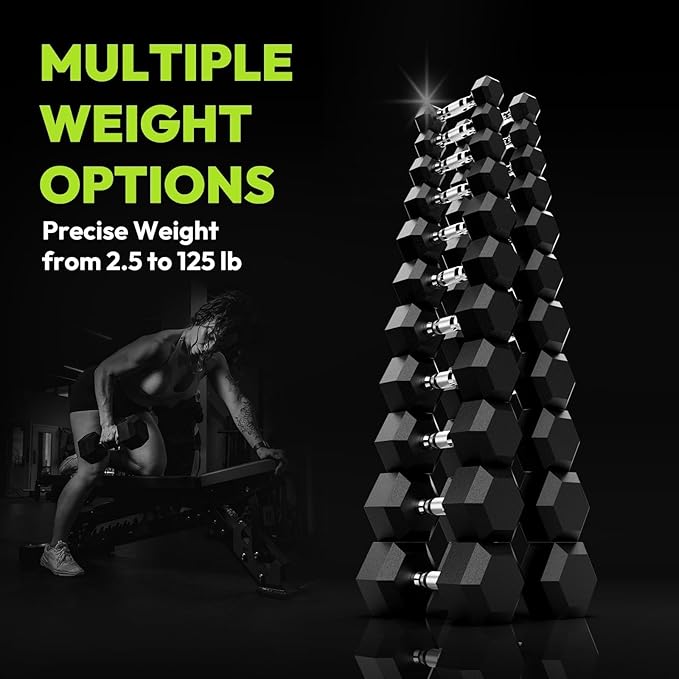 Hex Dumbbell 40-125 lb, Rubber Encased Exercise & Fitness Dumbbells, Hand Weight for Strength Training-FlexoryFit