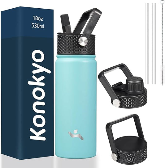 Insulated Water Bottle with Straw,18oz 3 Lids Metal Bottles Stainless Steel Water Flask,Turquoise-FlexoryFit
