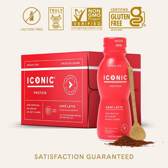 Iconic Protein Drinks, Café Latte (12 Pack) - Sugar Free & Low Carb - 20g Protein + 100mg Caffeine - Lactose Free, Gluten Free - Keto Friendly Protein Coffee-FlexoryFit
