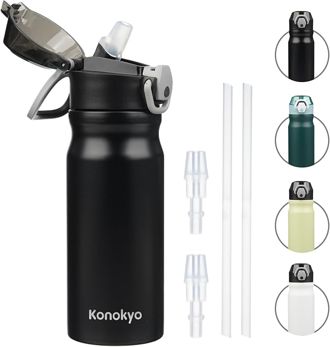 Insulated Water Bottle with Straw and Carry Loop,18 oz Stainless Steel Double Wall Vaccum Metal Water Flask with Leak-proof Lid,Black-FlexoryFit