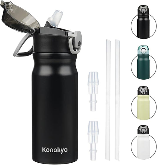 Insulated Water Bottle with Straw and Carry Loop,18 oz Stainless Steel Double Wall Vaccum Metal Water Flask with Leak-proof Lid,Black-FlexoryFit