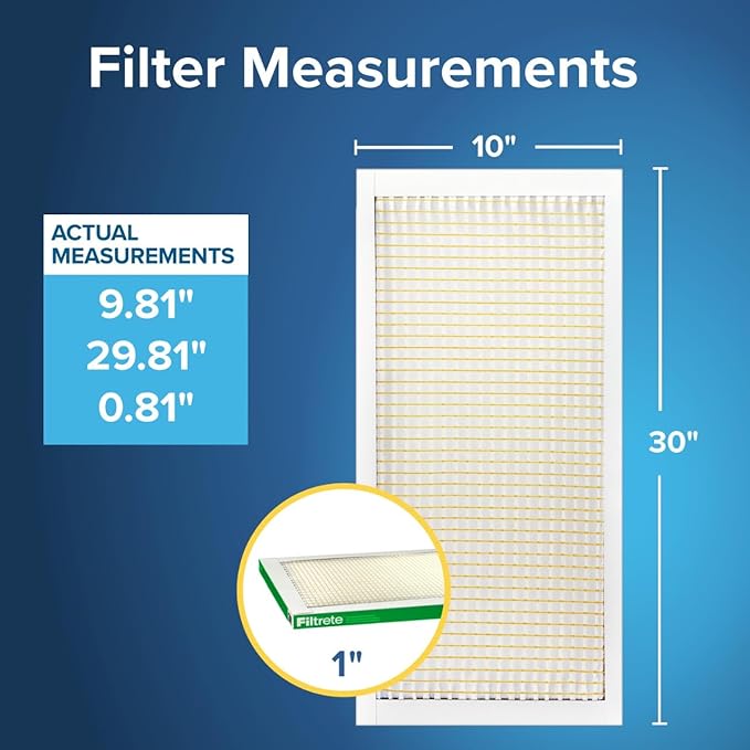 Filtrete 10x30x1 AC Furnace Air Filter, MPR 700, MERV 8, Tough on Pollen, Easy on Airflow, 3-Month Pleated 1-Inch Electrostatic Air Cleaning Filter, 4-Pack (Actual Size 9.81 x 29.81 x 0.81 in)