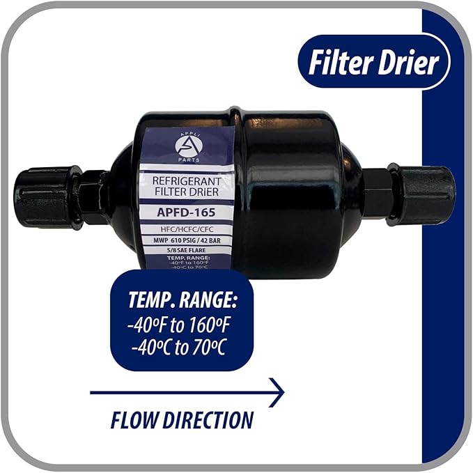 Appli Parts APFD-165 5/8 in Liquid Line Refrigerant AC Filter Drier hvac Refrigeration 165 SAE Flare connection universal unidirectional 6in long 3in wide