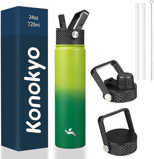 Insulated Water Bottle 24oz Stainless Steel Sport Bottles with 3 Lids,Bamboo Grove-FlexoryFit