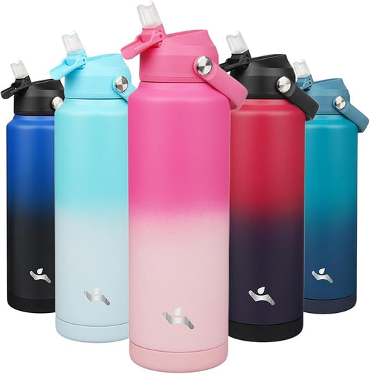Insulated Water Bottle with Straw Lid,40 oz Stainless Steel Vacuum Metal Bottle with Silicone Handle,Cherry Blossom-FlexoryFit