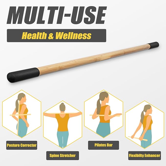 Bamboo Stretch Yoga Stick, 5ft/149 cm, Flexibility Stick for Physical Therapy, Premium Yoga Dowel with Super Sturdy Rubber Handle Ends, Exercise Bar for Posture Corrector-FlexoryFit
