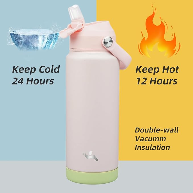 Insulated Water Bottle with Straw Lid,24 oz Stainless Steel Vacuum Metal Bottle with Silicone Handle,Pearl-FlexoryFit
